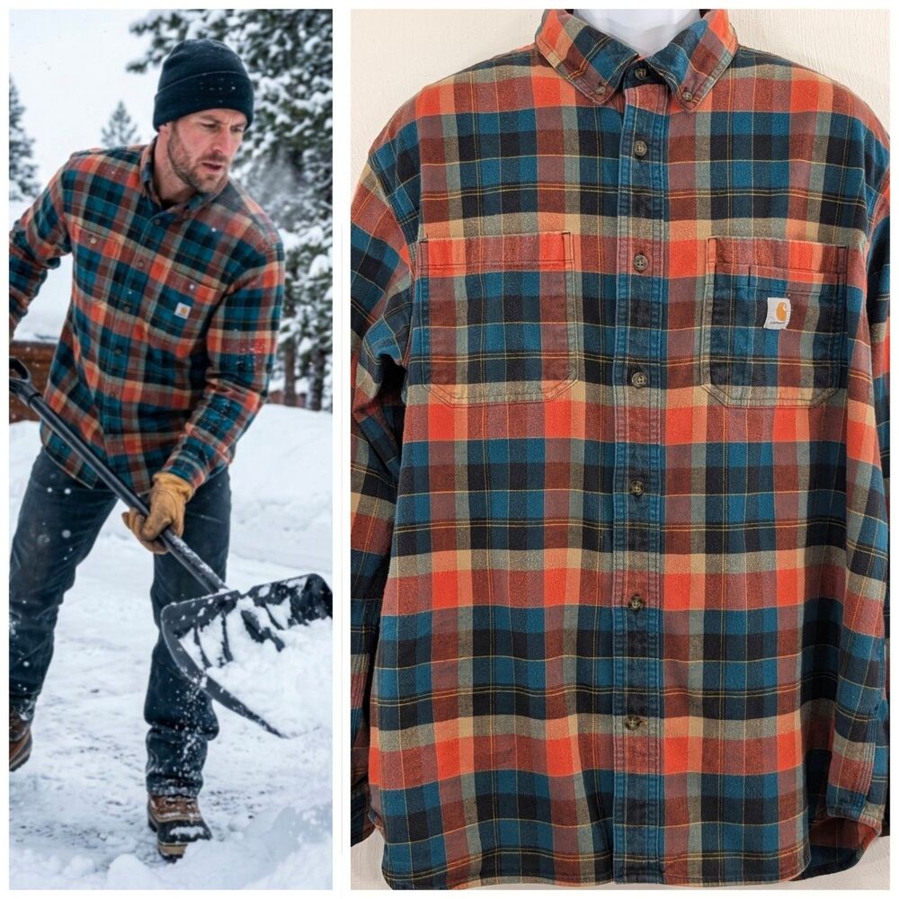 Carhartt Mens XL Heavyweight Relaxed Fit Teal/Orange Outdoorsy Shirt/Shacket